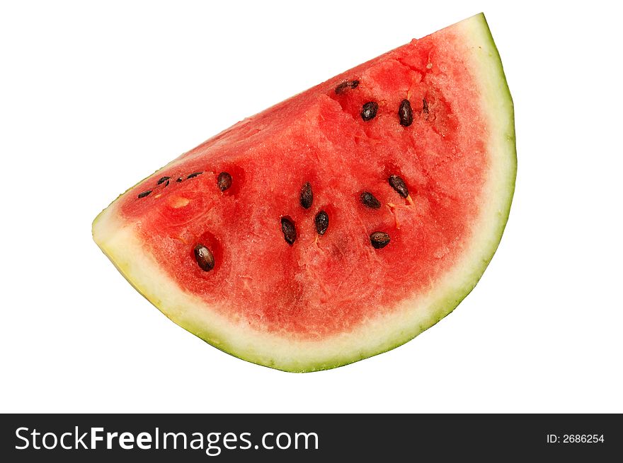 A piece of fresh and juicy watermelon isolated over white background. A piece of fresh and juicy watermelon isolated over white background