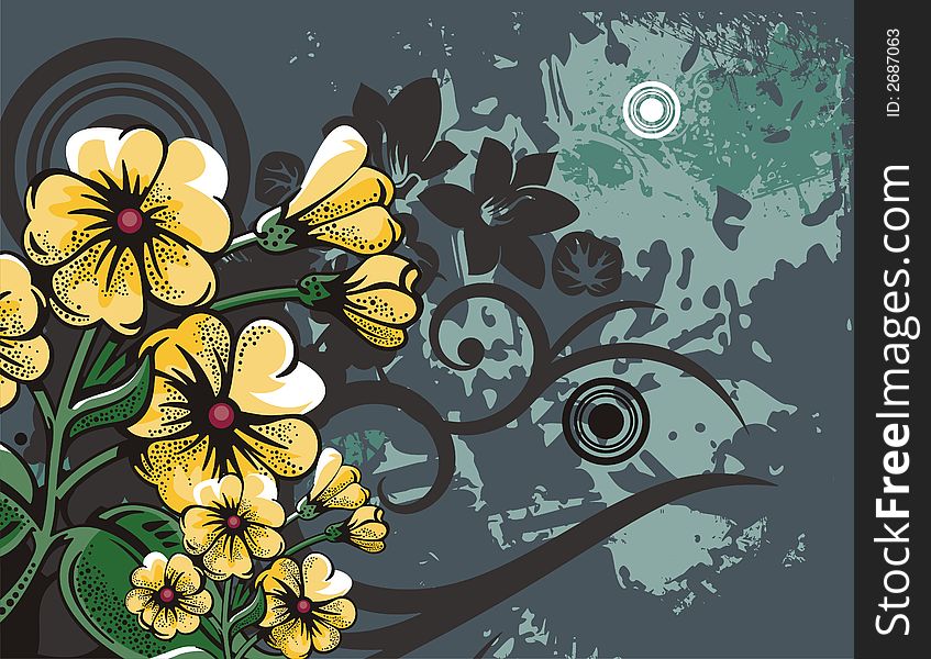 Floral grunge background with yellow flowers, leaves, circles and ornamental details. Floral grunge background with yellow flowers, leaves, circles and ornamental details.