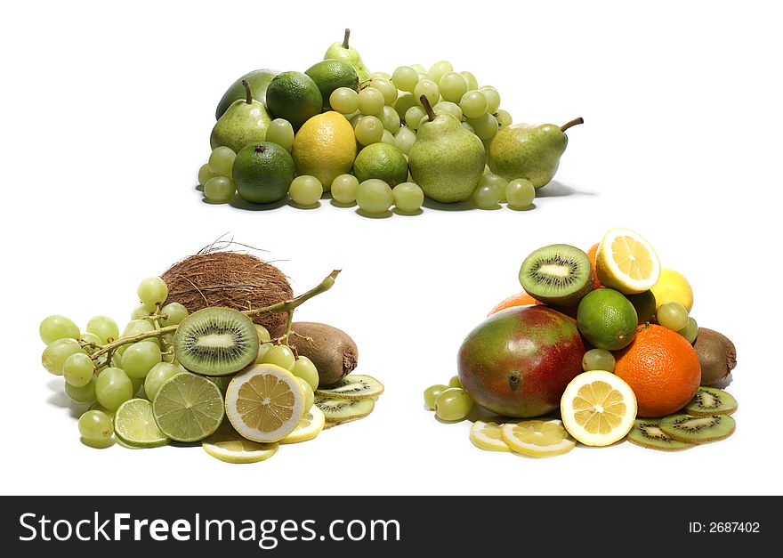 Set of different exotic fruits on white background