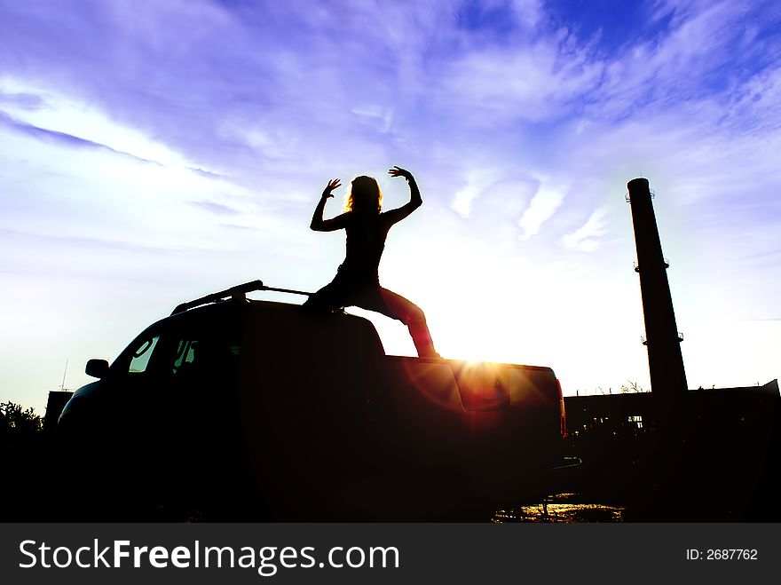 Trace of beautiful lady over industrial background