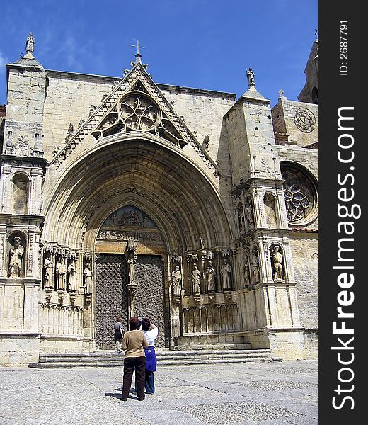 Small town colorful church Morella blue sky