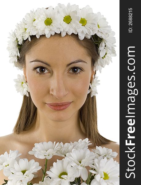Young, beautiful and naked woman with bouquet of white flowers. White background, looking at camera. Front view. Young, beautiful and naked woman with bouquet of white flowers. White background, looking at camera. Front view
