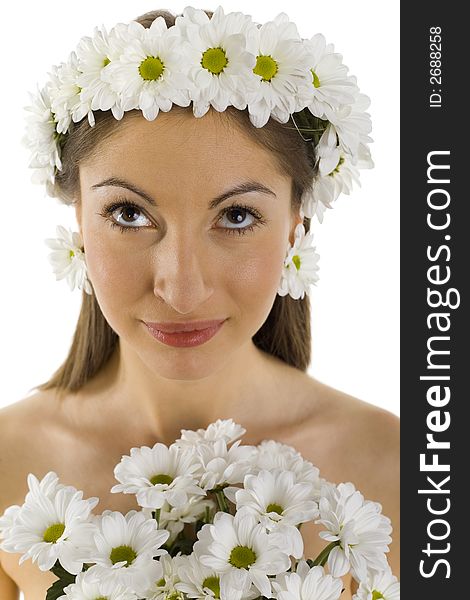 Young, beautiful and naked woman with bouquet of white flowers. White background, front view. Young, beautiful and naked woman with bouquet of white flowers. White background, front view.