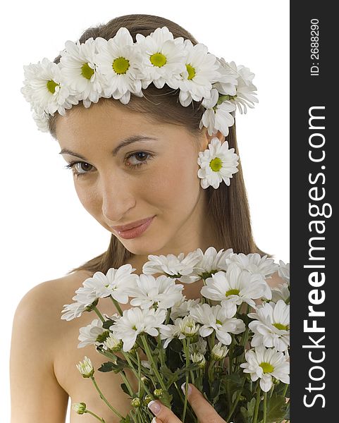 Young, beautiful and naked woman with bouquet of white flowers. White background, looking at camera. Young, beautiful and naked woman with bouquet of white flowers. White background, looking at camera.