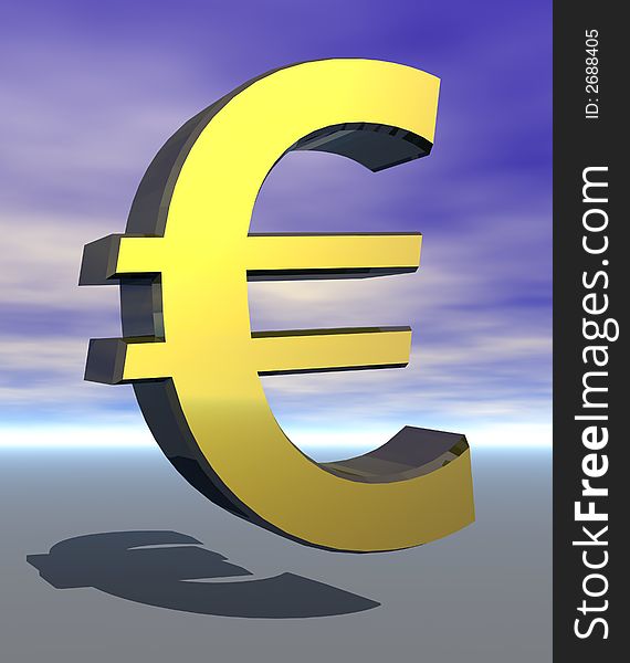 3-D gold yellow euro sign on grey background with blue sky. 3-D gold yellow euro sign on grey background with blue sky