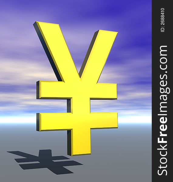 3-D gold yellow yen sign on grey background with blue sky. 3-D gold yellow yen sign on grey background with blue sky