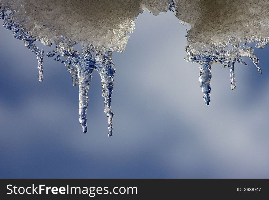 Water drops fall from the melted snow