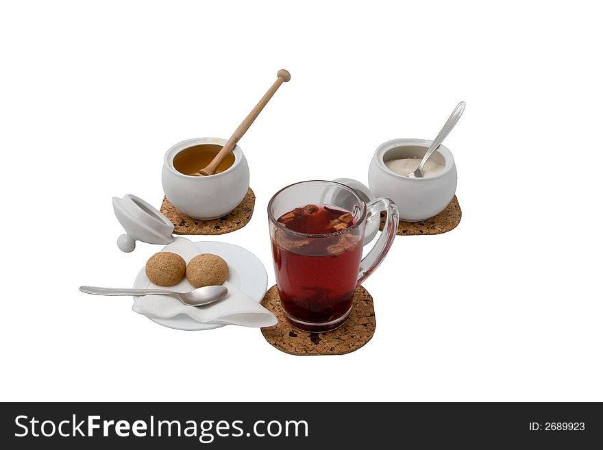 Cup of fruit tea with honey, milk and sugar. Cup of fruit tea with honey, milk and sugar