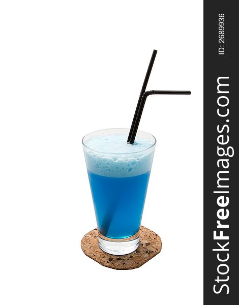 Blue cocktail with lemon juice and ice