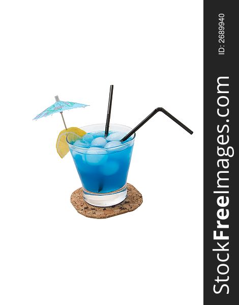 Blue cocktail with lemon and ice