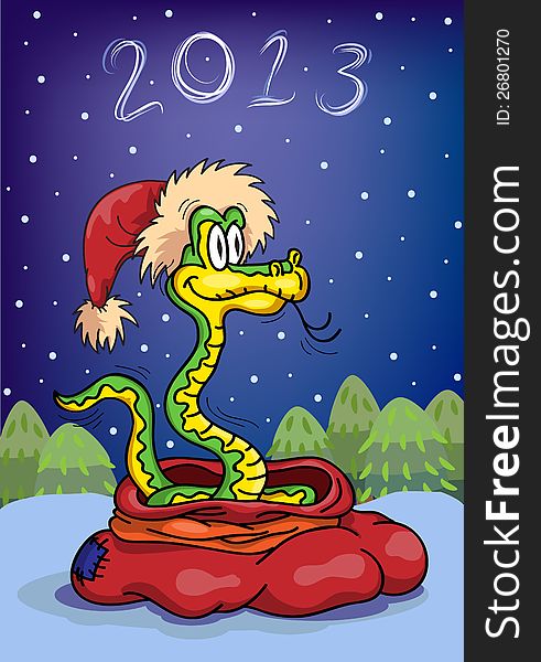 Snake with attributes of Santa Claus on a background of a winter landscape. Snake with attributes of Santa Claus on a background of a winter landscape