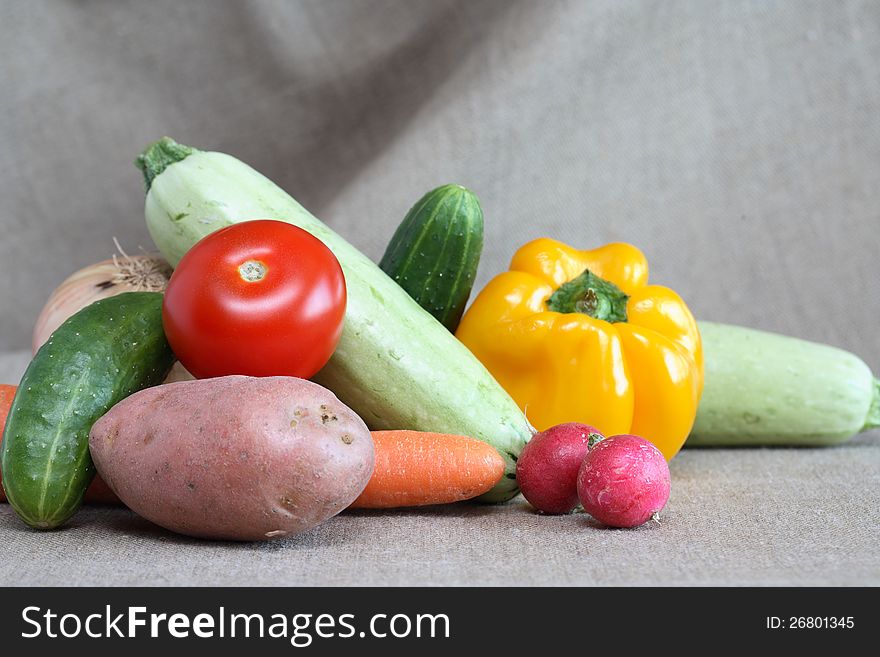 Various raw vegetables on canvas background