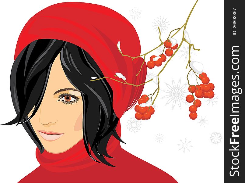 Portrait of brunette in a red knitted cap with rowan branch in the snow. Illustration