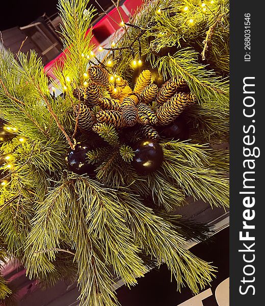 Black Christmas Balls With Green Spruce Branches