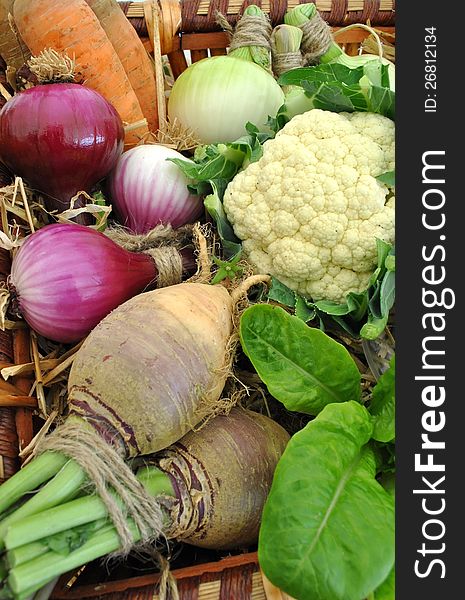 A display of fresh vegetable produce. A display of fresh vegetable produce