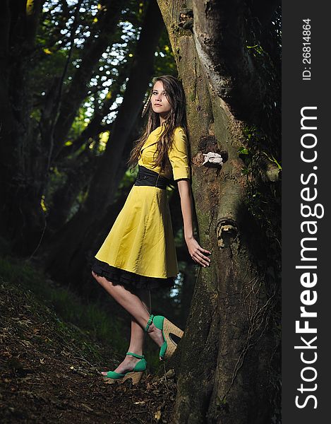 A girl with a yellow dress leaning against a tree in a forest. A girl with a yellow dress leaning against a tree in a forest.