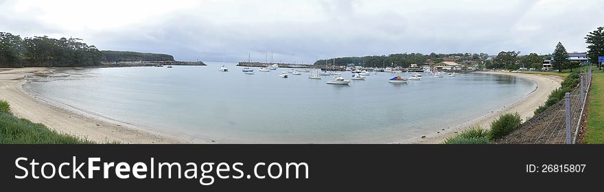 Australia, New South Wales. Panorama of the small bay with sailboats.