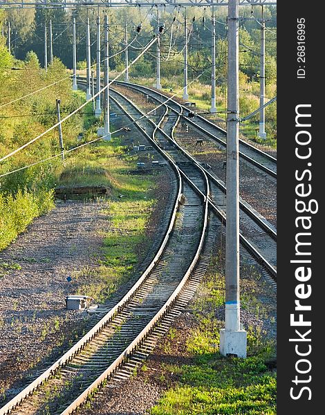 Railroad tracks meander and branch in rural areas in the forest under evening sunlight, vertical view. Railroad tracks meander and branch in rural areas in the forest under evening sunlight, vertical view.