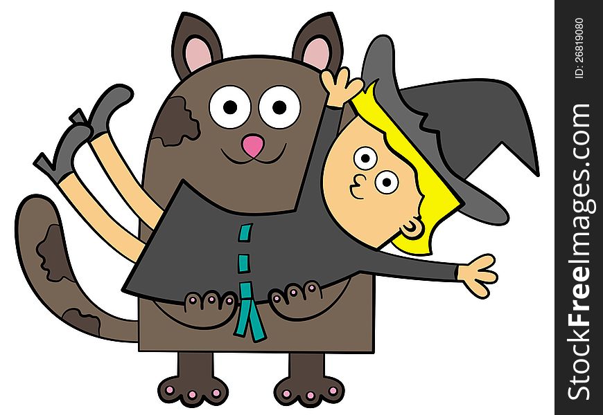 Illustration of a young witch being carried by a very large cat. Illustration of a young witch being carried by a very large cat