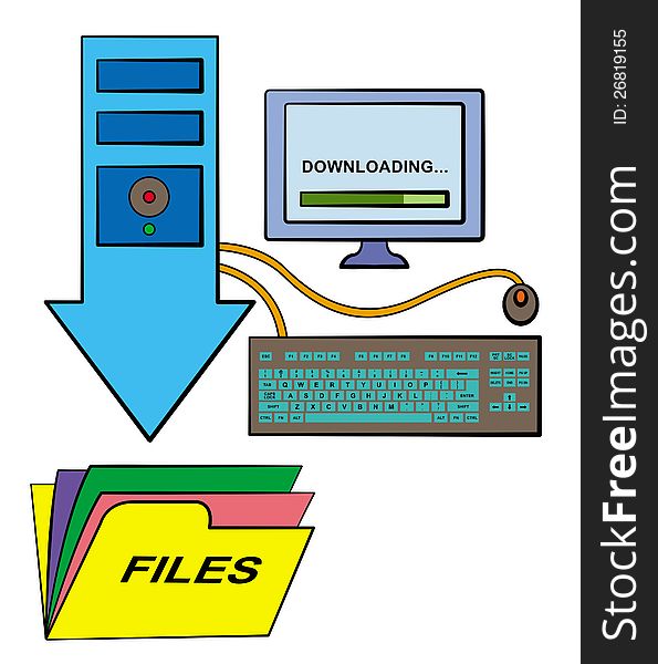 A computer unit shaped like an arrow pointing downwards to a folder. A computer unit shaped like an arrow pointing downwards to a folder