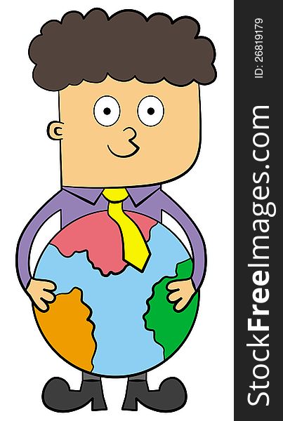 A cute cartoon business man holding the planet earth with both hands. A cute cartoon business man holding the planet earth with both hands