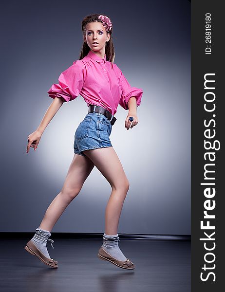 Shopping Woman. Happy Female In Denim Jeans Shorts