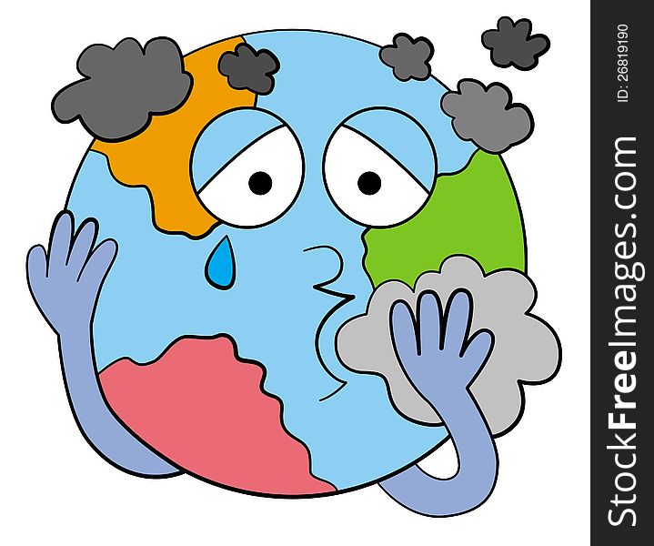 A cartoon planet earth with a face, coughing while surrounded by smoke. A cartoon planet earth with a face, coughing while surrounded by smoke