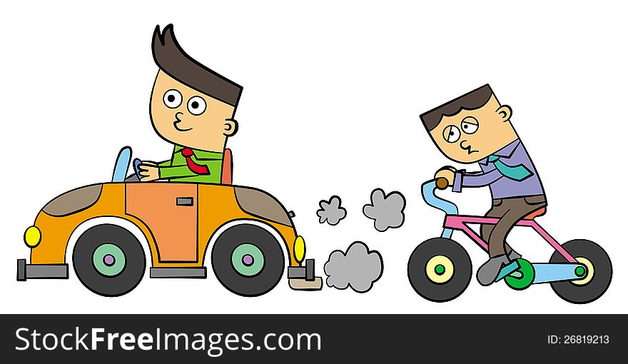 A business man happily drives in a car while the other looks very frustrated while riding a bicycle. A business man happily drives in a car while the other looks very frustrated while riding a bicycle