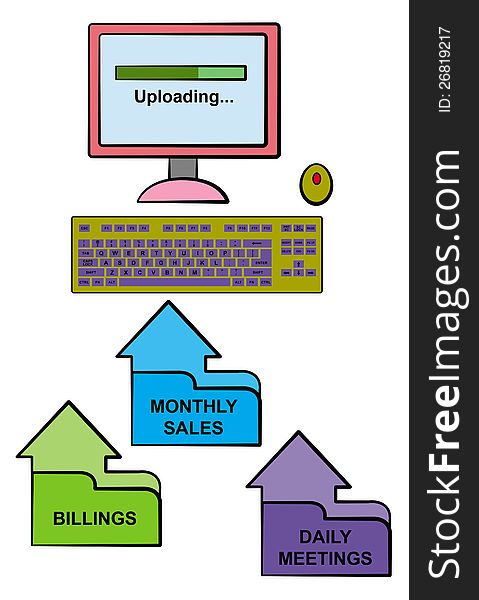 A group of folders shaped like an arrow pointing upwards to a computer. A group of folders shaped like an arrow pointing upwards to a computer