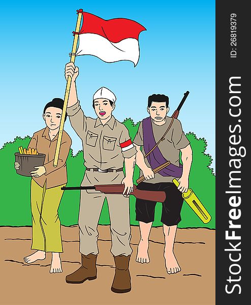 Indonesian people and sodier at war. Indonesian people and sodier at war