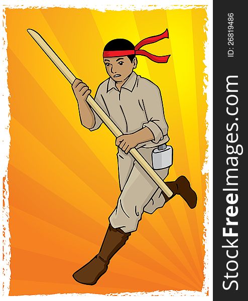 Illustration of Indonesian soldier running with spear