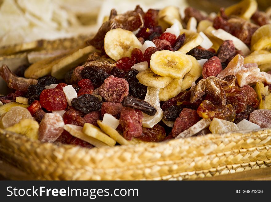 Close view of a bunch of tasty dried fruits on the market.