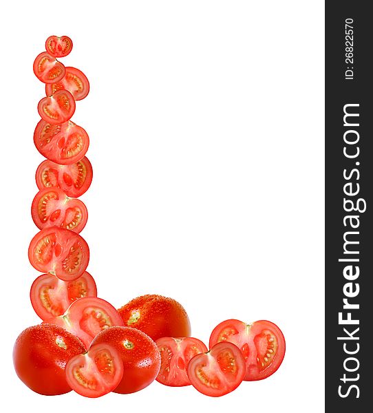 Border made from freshness sliced tomatoes on white background. Border made from freshness sliced tomatoes on white background