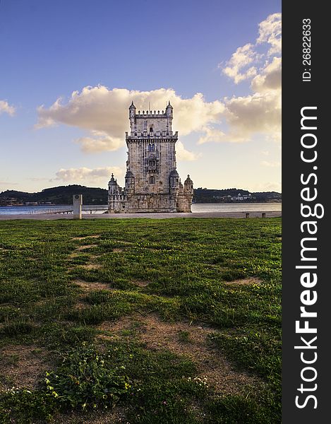 View of the beautiful monument Tower of Belem, located on Lisbon, Portugal.