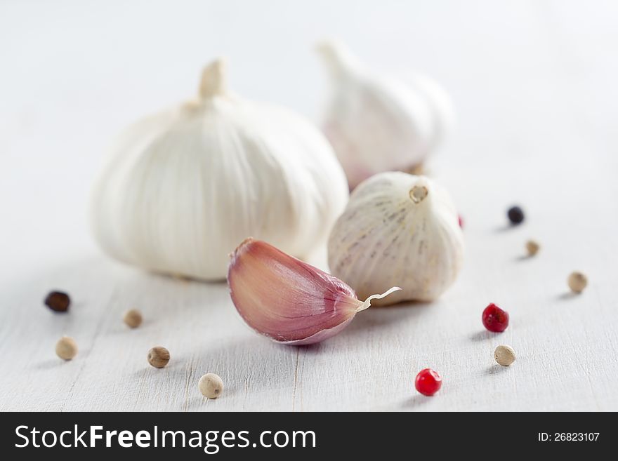 Garlic close up on kitchen table
