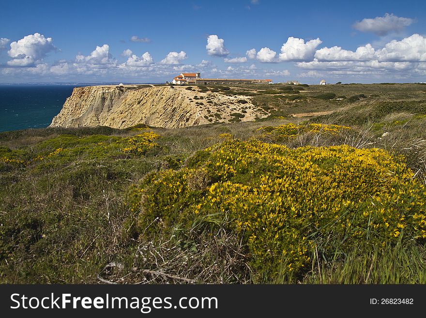 View of the religious sanctuary of Cape Espichel, Sesimbra, Portugal.