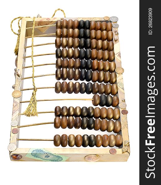 Old abacus, coins and shells isolated on white