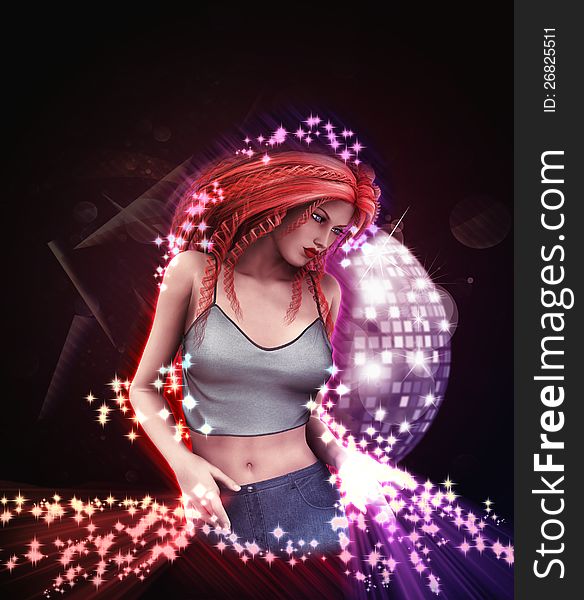 Abstract illustration of a girl on disco party background.