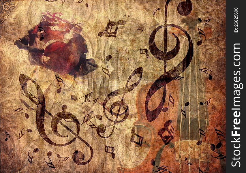 Abstract grunge rose, violin and music notes vintage background. Abstract grunge rose, violin and music notes vintage background.