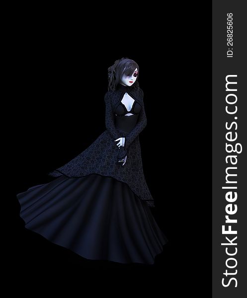 3d rendered girl in black dress on back background. 3d rendered girl in black dress on back background.