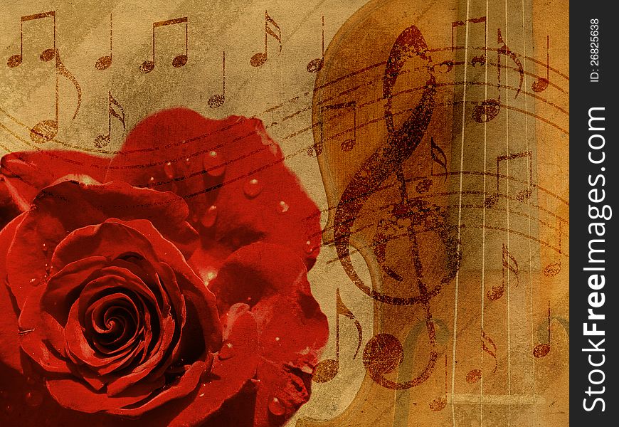 Abstract grunge rose and notes, vintage music background. Abstract grunge rose and notes, vintage music background