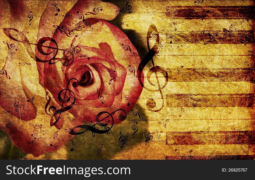 Vintage grunge background with rose and music notes. Vintage grunge background with rose and music notes.
