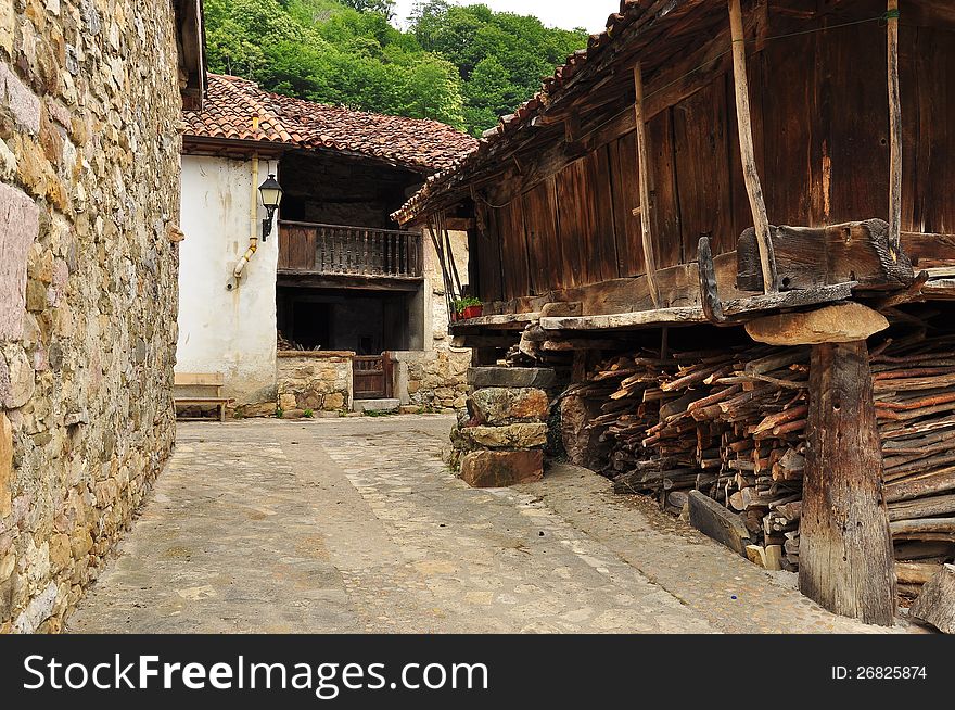 The traditional mountain village of Ladines. Typical local architecture. Town of Sobrescobio, Asturias, Spain. The traditional mountain village of Ladines. Typical local architecture. Town of Sobrescobio, Asturias, Spain.