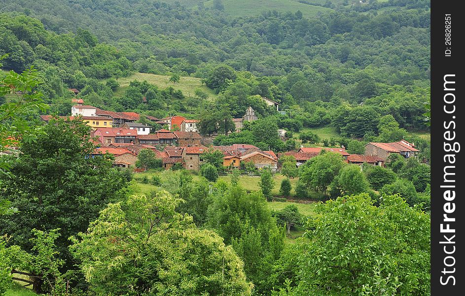 The traditional mountain village of Ladines. Typical local architecture. Town of Sobrescobio, Asturias, Spain. The traditional mountain village of Ladines. Typical local architecture. Town of Sobrescobio, Asturias, Spain.