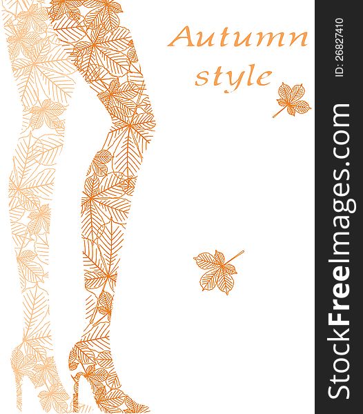 Fashion woman legs from autumn leaves on white.
