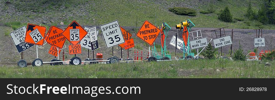 This image of the numerous highway signs consists of 5 images stitched together and was taken in NW Montana.