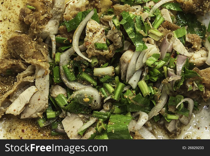 Thai Spicy minced meat salad Fried chicken