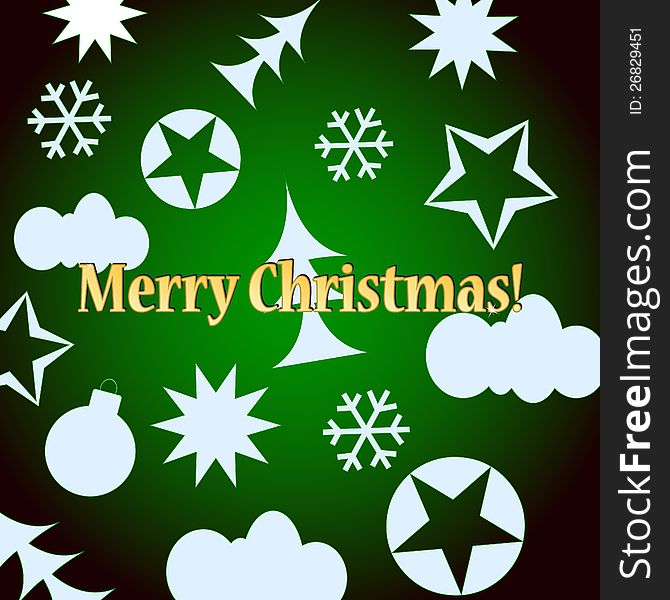 Green Merry Christmas background with various figures of white color