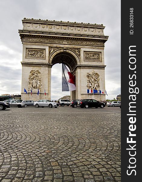 View of the iconic monument Arc of Triumph in Paris, France.