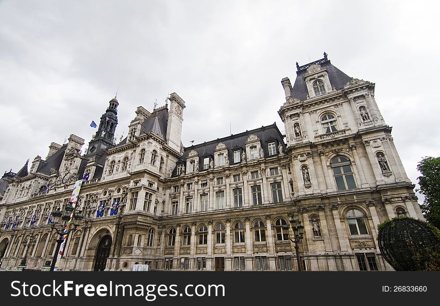 View of the beautiful Hotel de Ville building in Paris, France. View of the beautiful Hotel de Ville building in Paris, France.